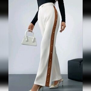 Women's Minimalist Fashion Casual Trousers With Faux Pearl Decor